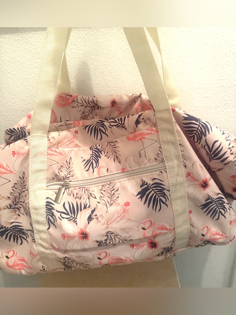 Narwey Beige Flamingo Foldable Travel Duffel Bag. Tropical flamingos & hibiscus. - Picture 9 of 15